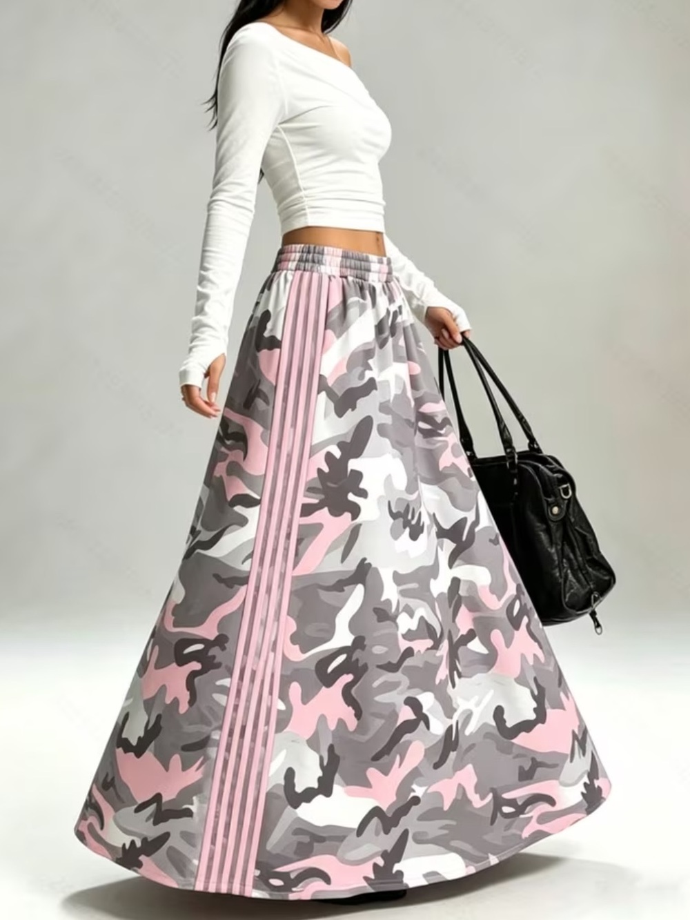 American Street Style Camouflage Print Long Skirt, Drape, Versatile, Large Swing